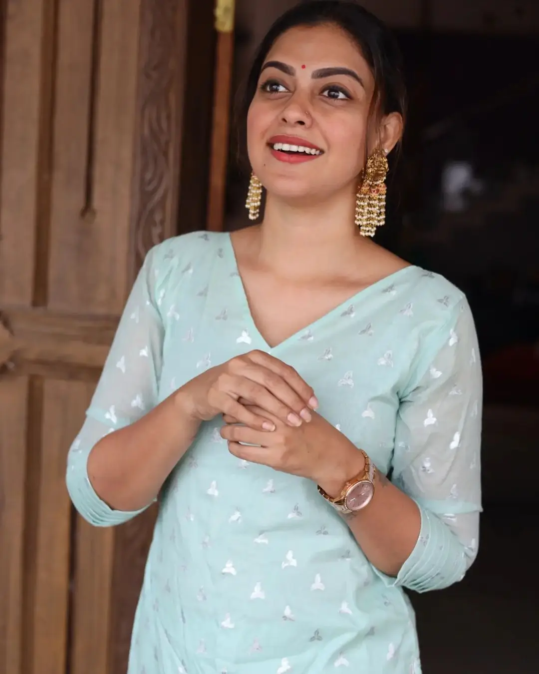 Anusree Nair Wearing Beautiful Earrings Jewellery Blue Gown